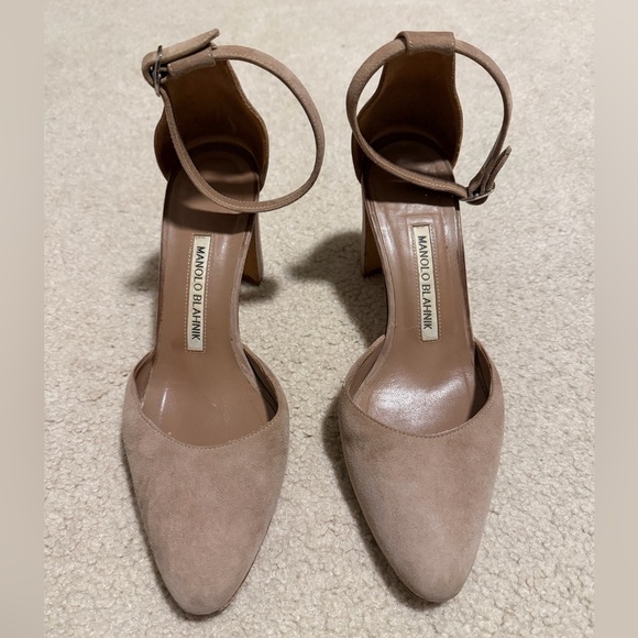 Manolo Blahnik Lausam Suede Block Heel Ankle Strap Shoes - Picture 2 of 12